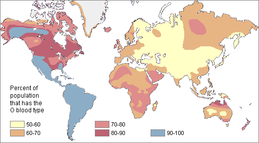 图4 o型基因在世界分布情况(原住民中)血型与疾病的关系血型由其表面